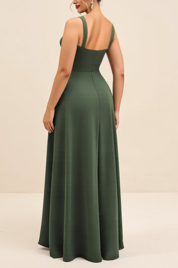 Olive Sheath Square Neck Ruched Satin Long Bridesmaid Dress with Slit
